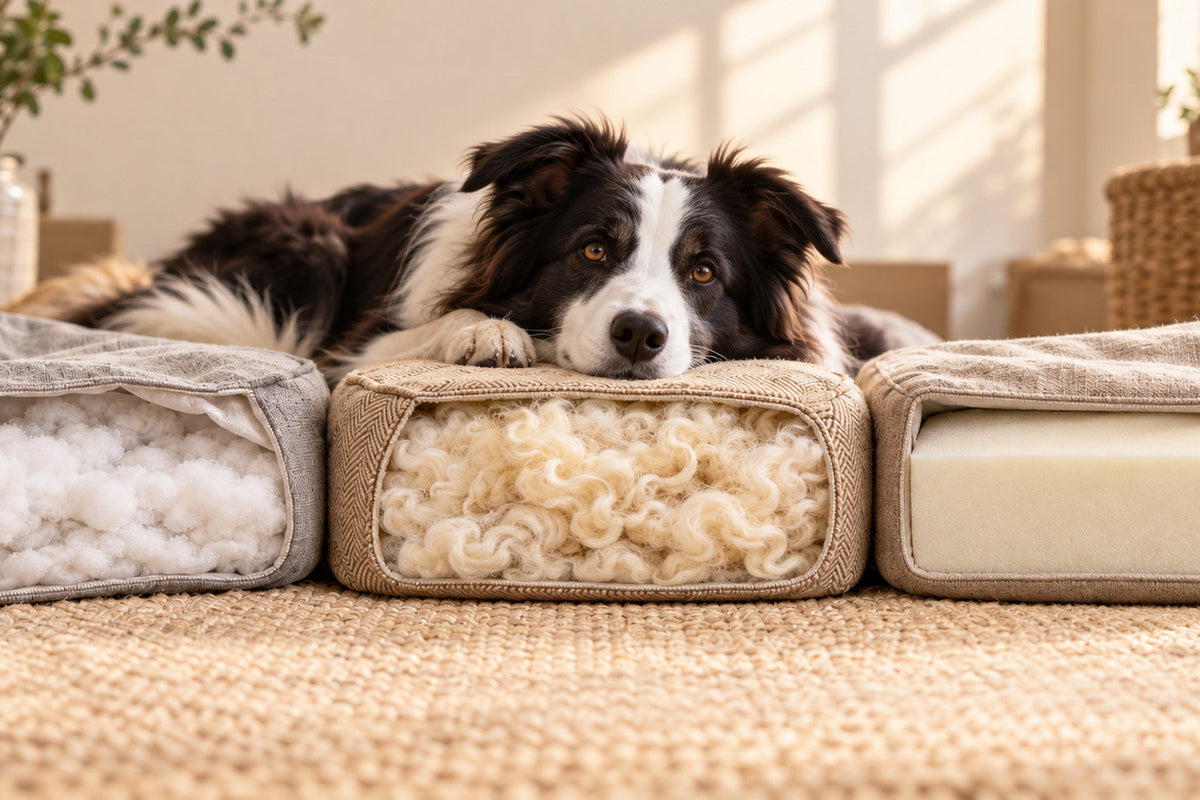 Dog resting on a wool-filled dog bed between polyester fibre and foam fillings.