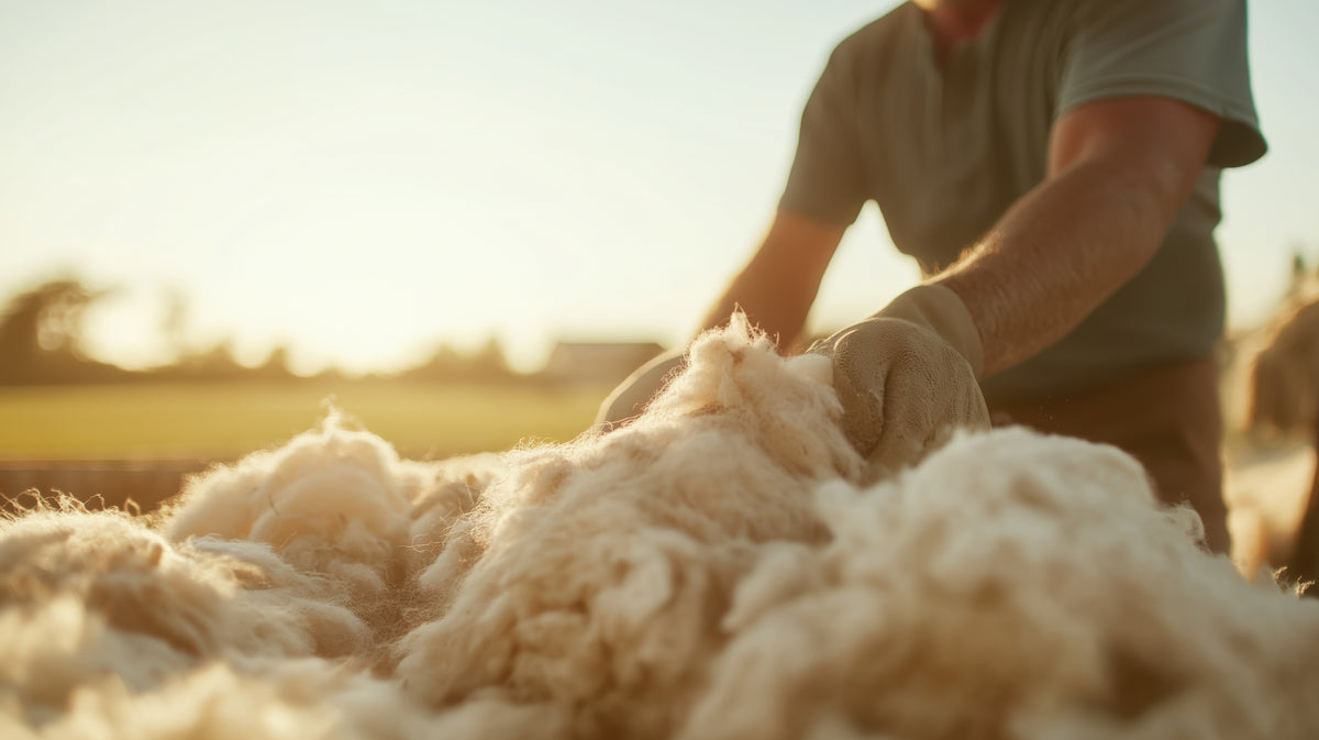 Person shearing a sheep with a blurred natural background