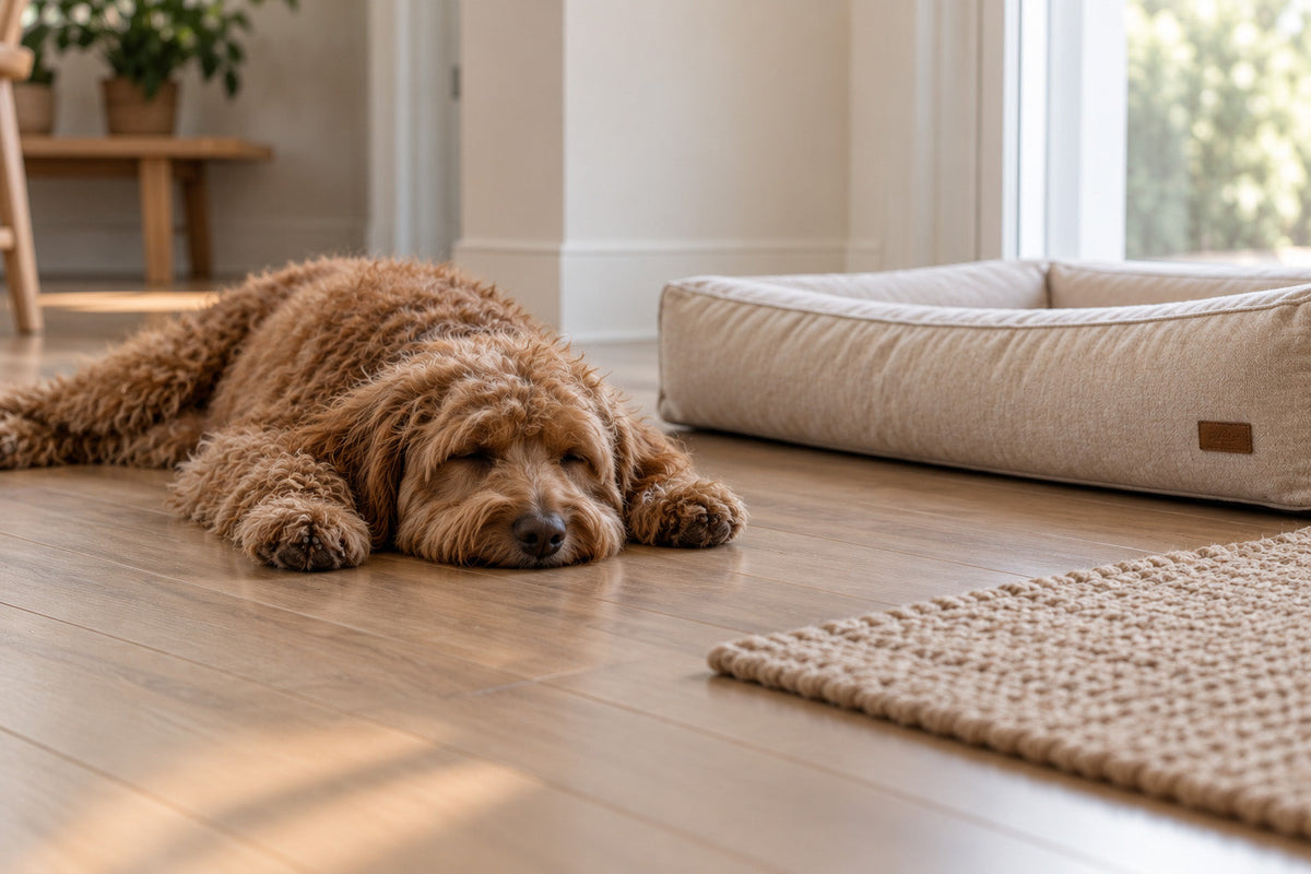 Curly-haired dog trying to sleep on a hardwood floor beside an empty dog bed