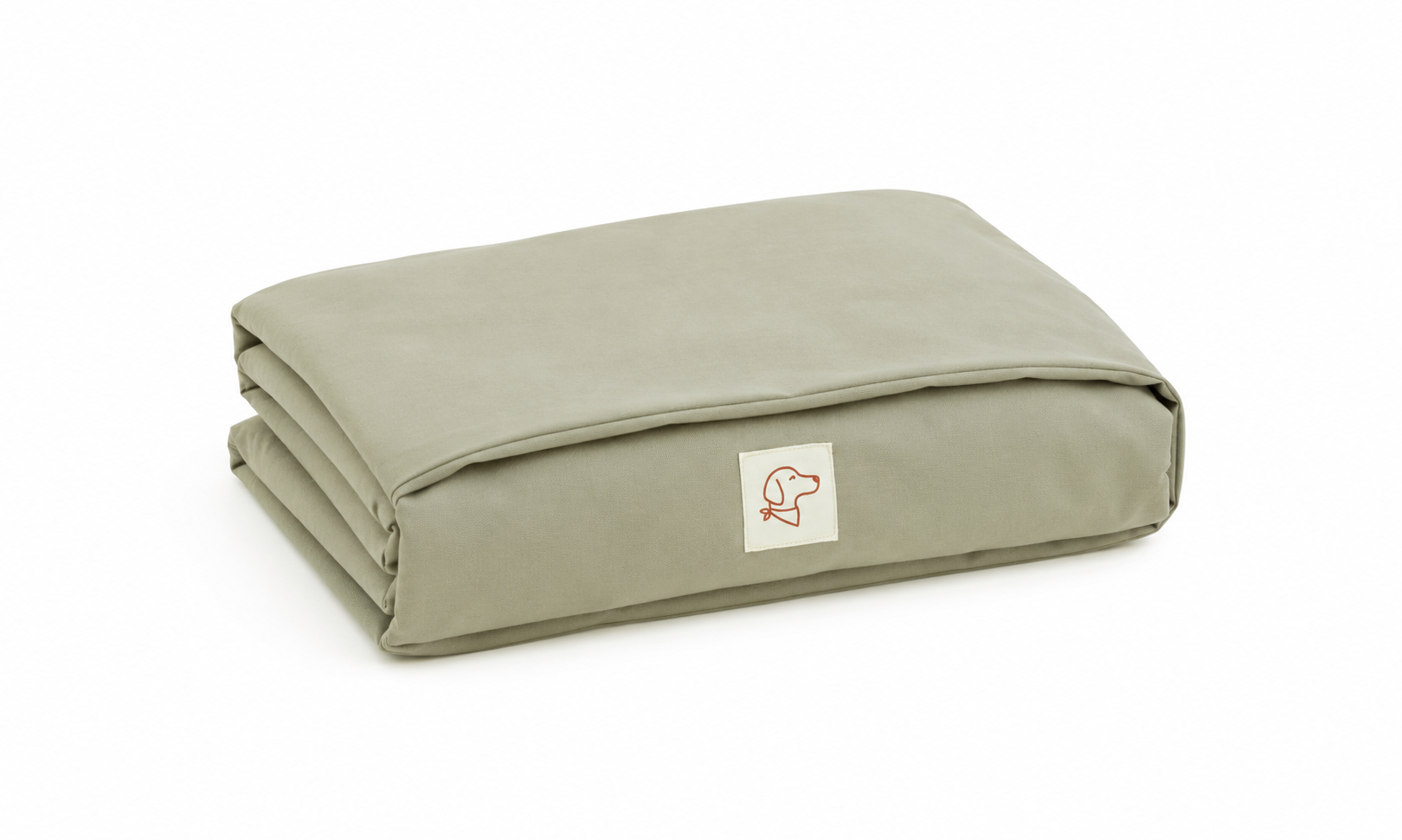 Folded beige dog bed cover with a logo on a white background