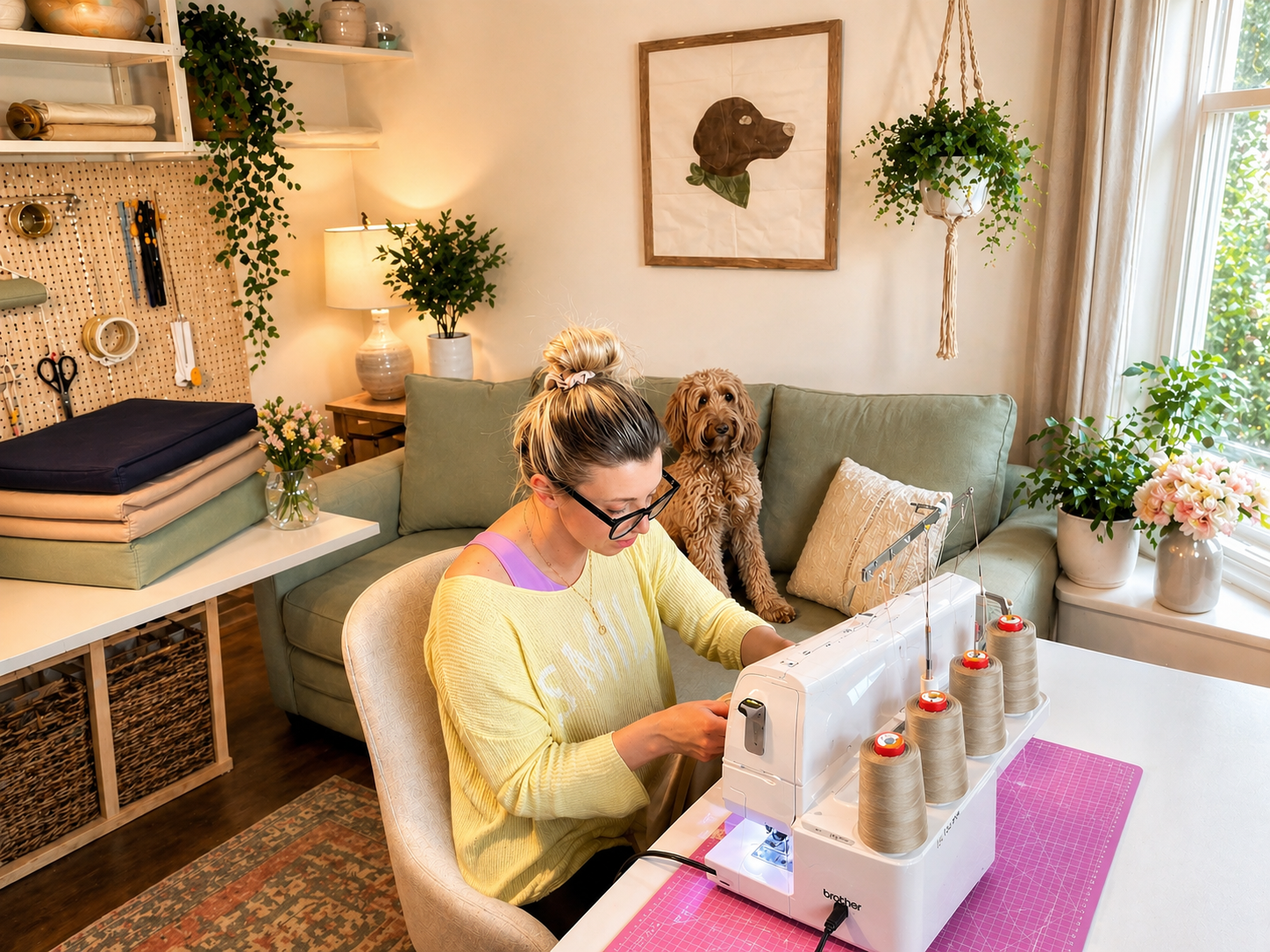 Woman using a sewing machine in a cozy living room with a dog on her lap.