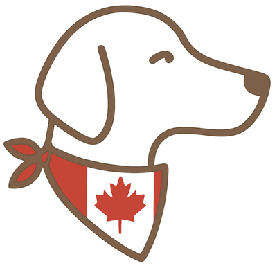 Outline of a dog with a Canadian flag bandana on a white background